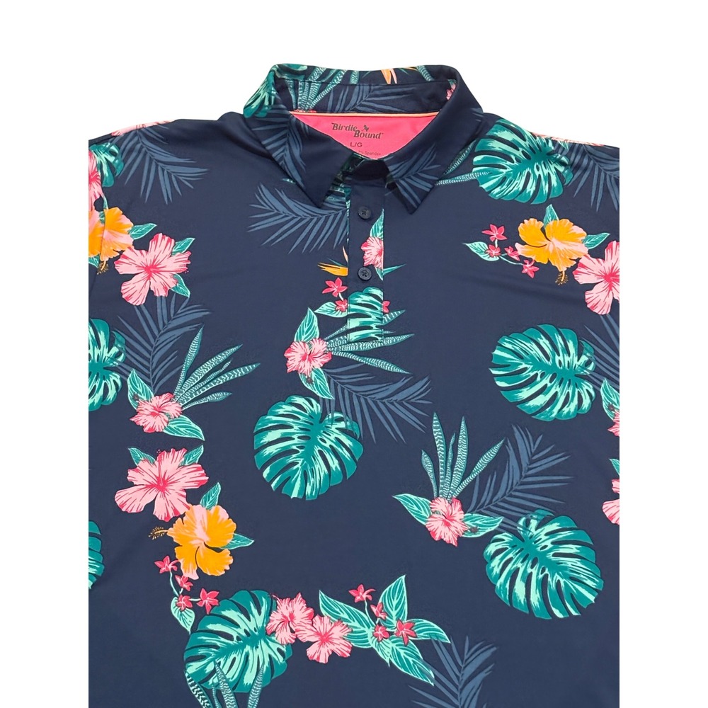 Birdie & Bound Mens Tropical Floral Print Polo Shirt Navy Blue Large Golf
